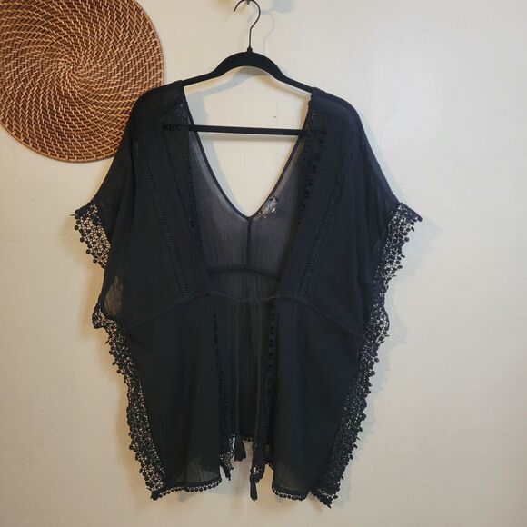 Topshop Kimono Black Lace Trim Tie Waist Double V Beach Cover‎ Small - Picture 1 of 16